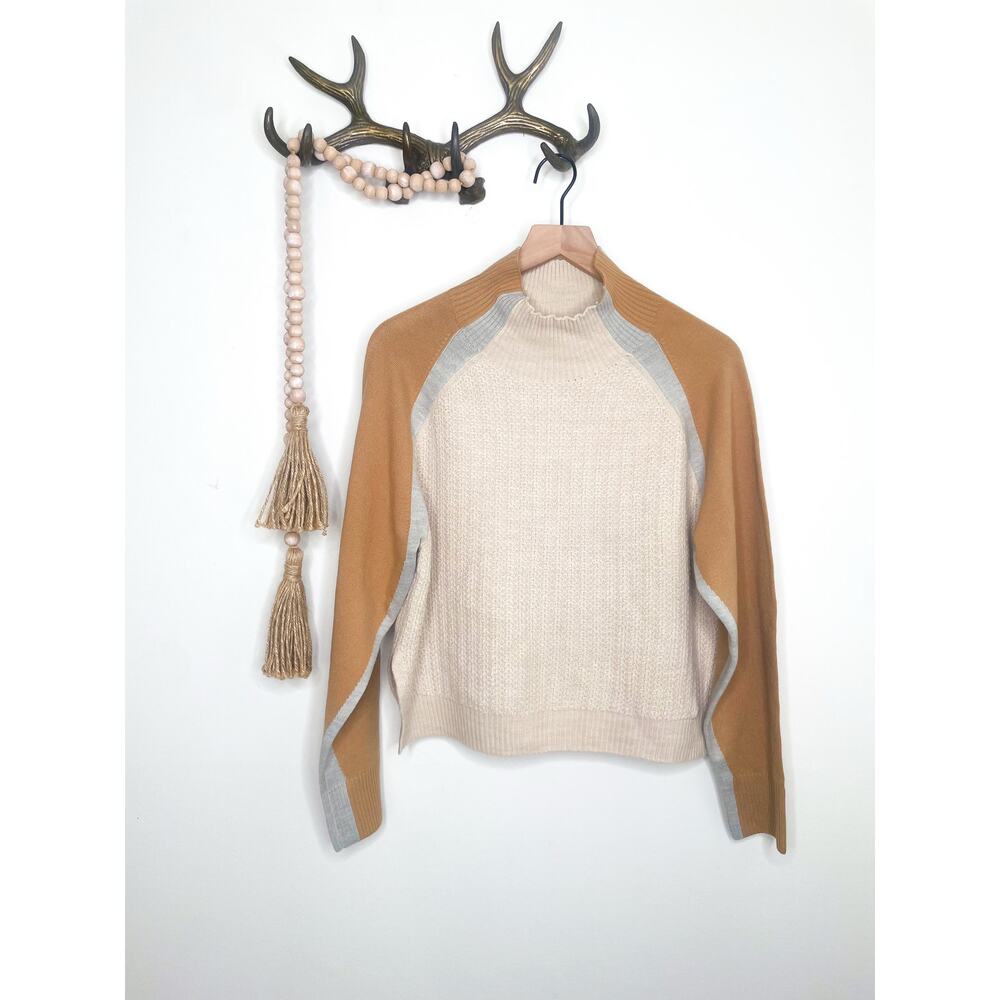 NWT French Connection Babysoft Mock Neck Sweater Large Tan Cream Cozy Colorblock - Picture 2 of 8